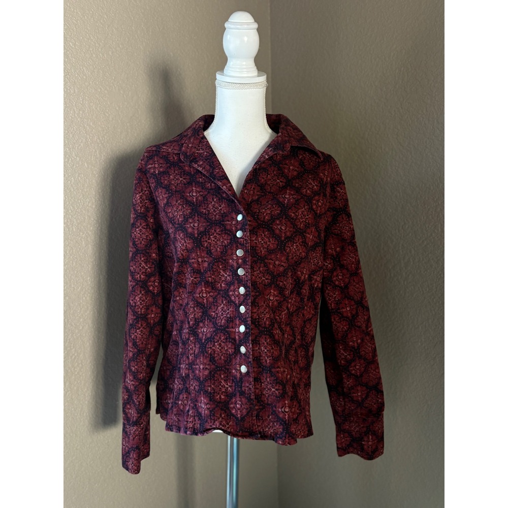 Christopher & Banks Burgundy Red Medallion Corduroy Snap Button Shirt Womens XL